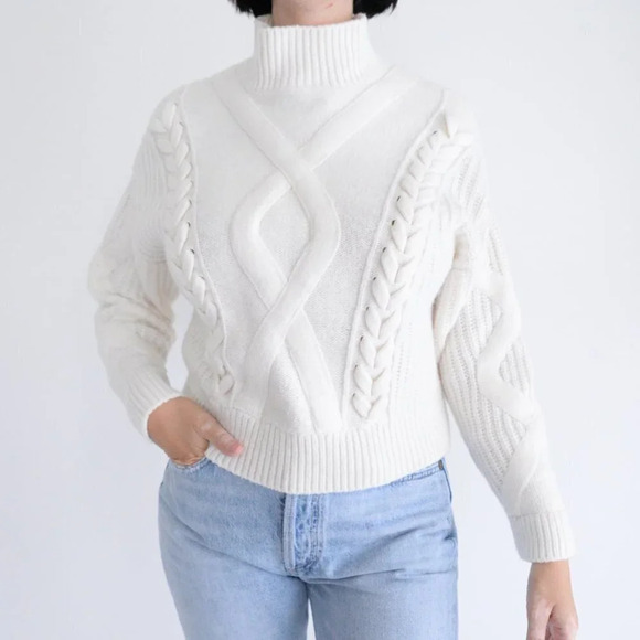 Elizabeth and James Cream Cable Knit Slightly Cropped Mockneck Sweater Med - Picture 1 of 12